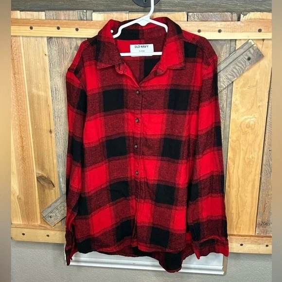 B005. NWOT Old Navy Youth red/black plaid flannel shirt XL 14-16 - Picture 2 of 4